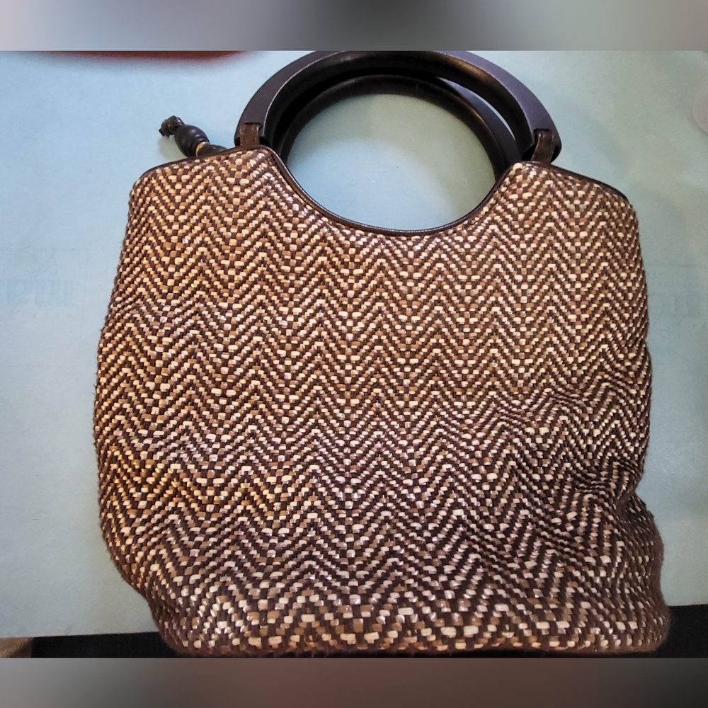 Liz Claiborne Brown and Cream Woven Tote with Round Handles